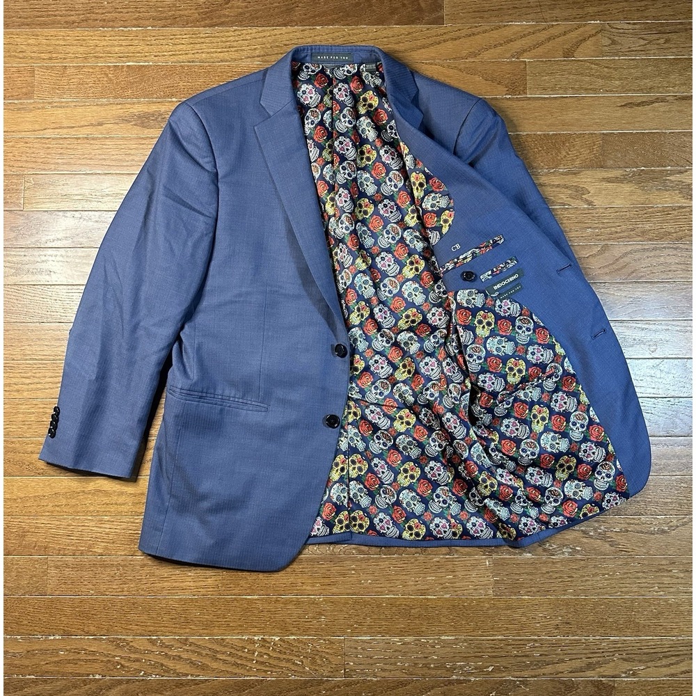 Indochino Blazer Wool Jacket Skull Lining Day Of The Dead Size P Blue Pinstripe